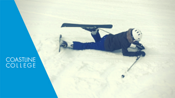 coastline instructor stacey smith takes a tumble in the snow while skiing as she lies facedown in the snow