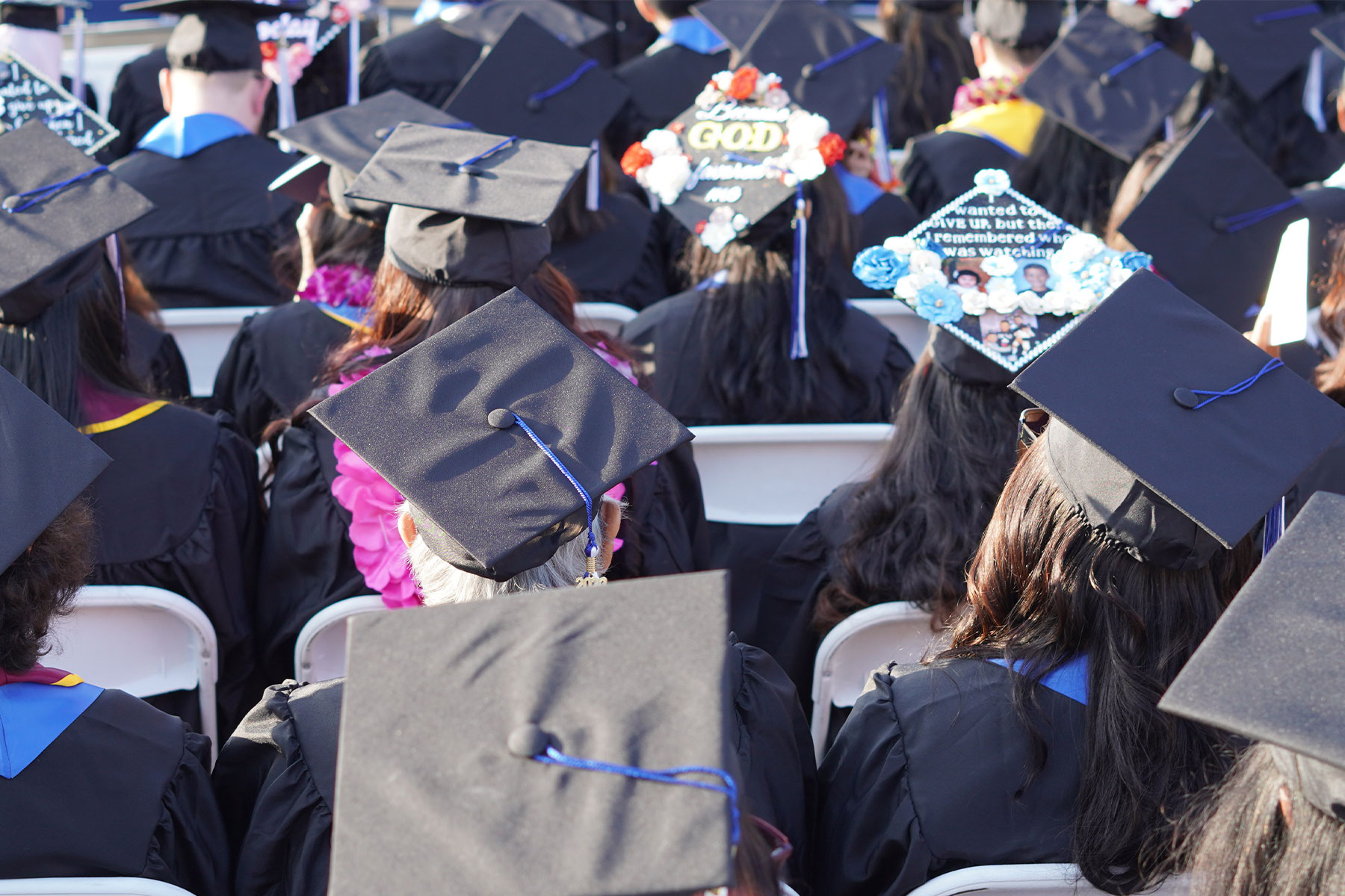 back view of graduation caps during Coastline's 2023 Commencement Ceremony