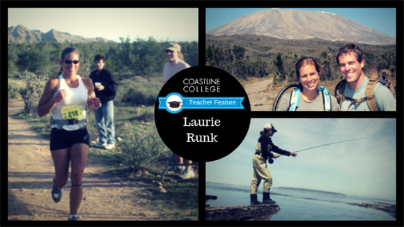 collage of professor runk photos - she runs a marathon in one, poses with her husband in front of a large mountain in the background, and stands on a cliff fishing in the third