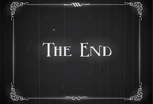 old black and white silent film screen card reading the end