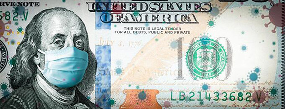 illustrated mock-up of a hundred dollar bill with Benjamin franklin wearing a mask