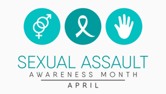 illustrated graphic with teal ribbon and the text april is sexual assault awareness month