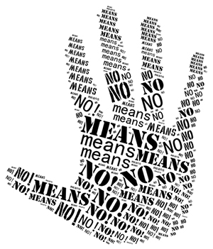 an illustration of a hand made up of repeated text of the message no means no