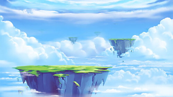 serene looking video game landscape with lush green floating islands dotting a clear blue sky