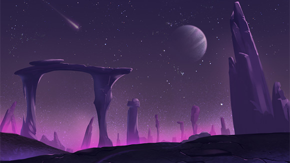 otherworldly video game purple landscape with hills, spires, and a moon in the distance