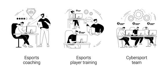 illustrations showing concepts of esports coaching, esports players training, and a cybersport team