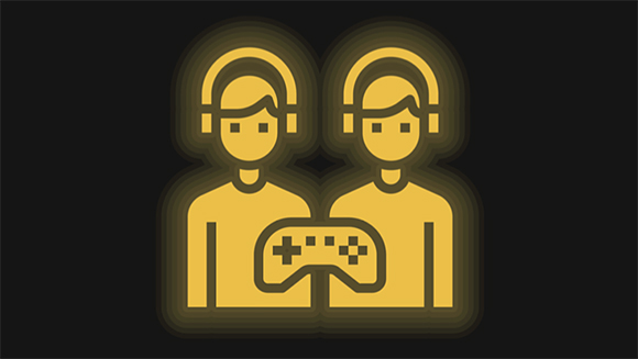 yellow illustrated gamers and game controller on black background