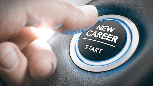 finger pressing button that says "start new career"