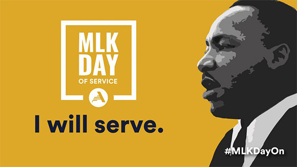 illustration of martin luther king jr. in profile with text reading mlk day of service - i will serve.