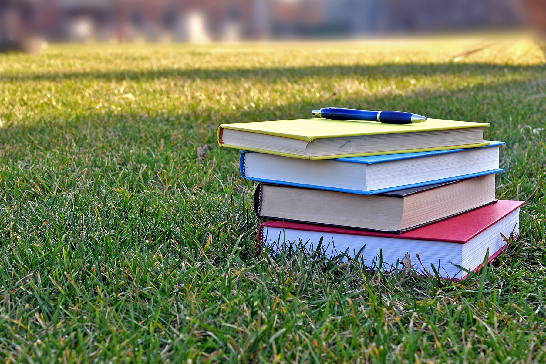 stack of textbooks and a pen sitting on a grassy lawn