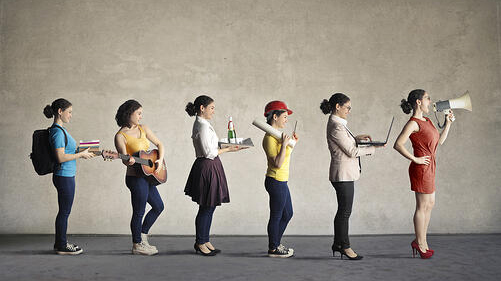 concept photo showing a woman as a college student then progressing through various careers