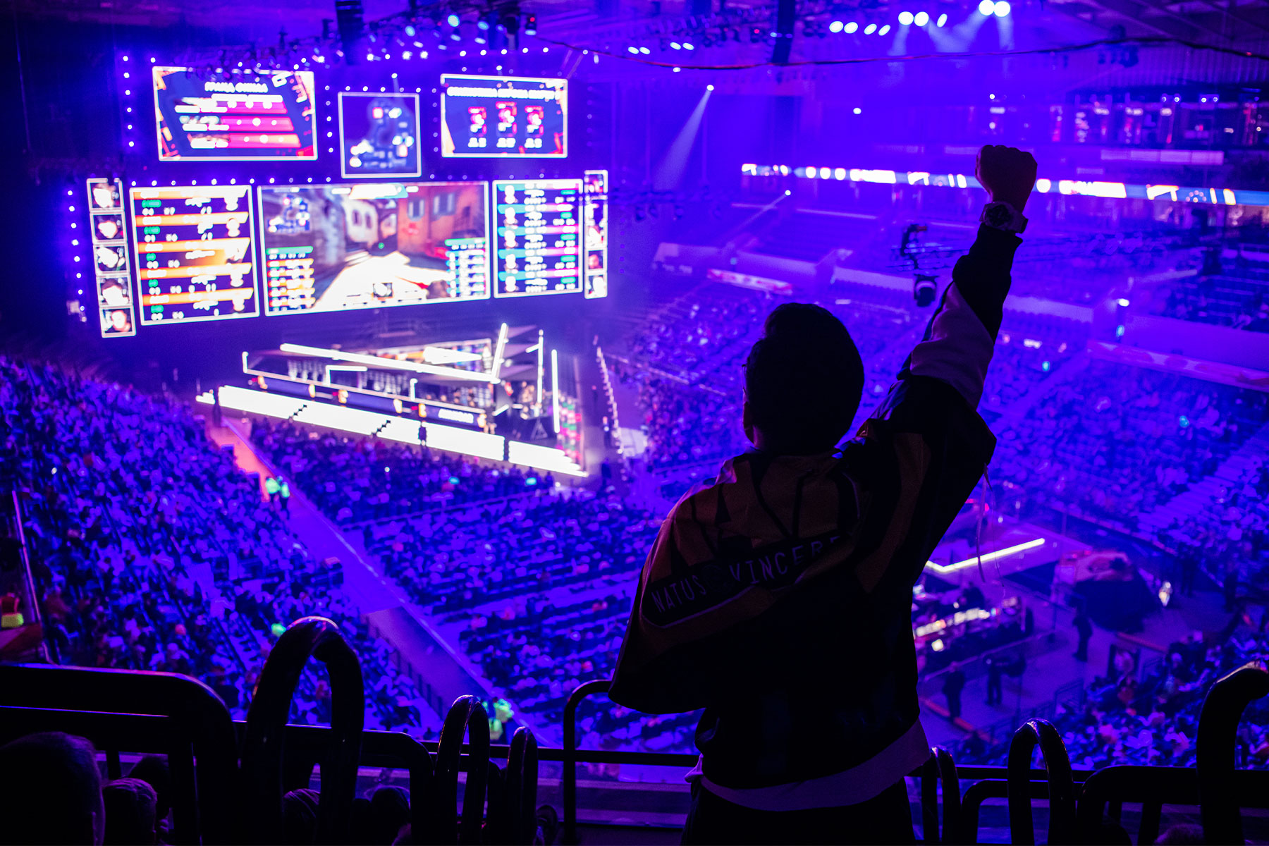 silhouette of man holding fist in air with large esports arena beyond him