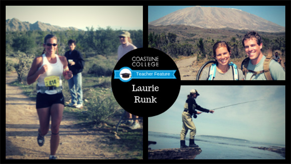 Collage of images from Coastline instructor showing her in a running competition, fishing off of a cliff, and with her partner in front of a large mountain