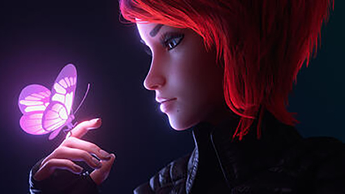 a very sleek, attractive female video game character holding an illuminated butterfly on her finger
