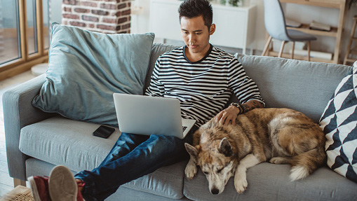young man sitting comfortably on a couch with laptop on his lap, his arm over a dog who lounges next to him