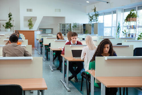 students in study corals in a library or lab