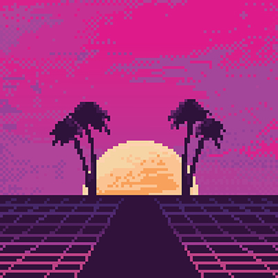 pixelated palm tree at sunset