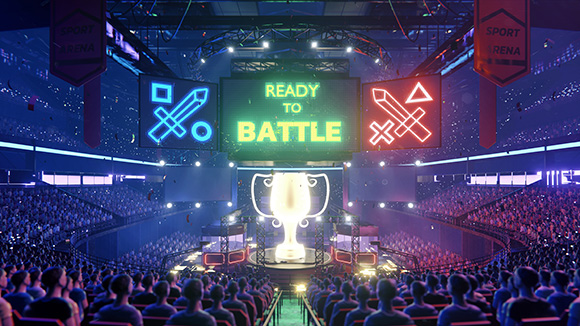 esports concept of a full area with large illuminated trophy in the middle of a large stage