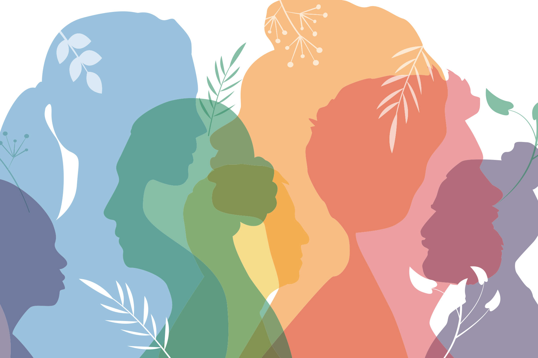 mental health concept, layered illustrated silhouettes of people in rainbow colors