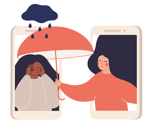 illustration of two woman within cellphones, one distressed underneath a small raincloud while the other emerges from her cellphone holding an umbrella
