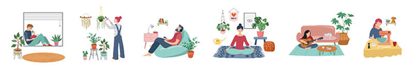 series of illustrated people sitting at their home, room or apartment, practicing yoga, enjoying meditation, relaxing on sofa, reading books, baking and listening to the music.