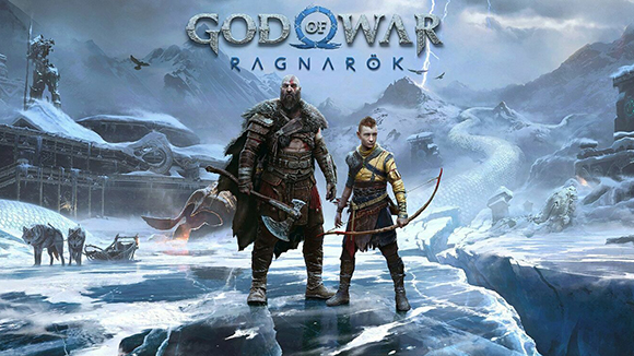 promotional image for god of war ragnarok game showing two main characters in front of desolate winter landscape
