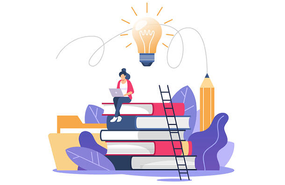 illustration of student sitting on large stack of books studying