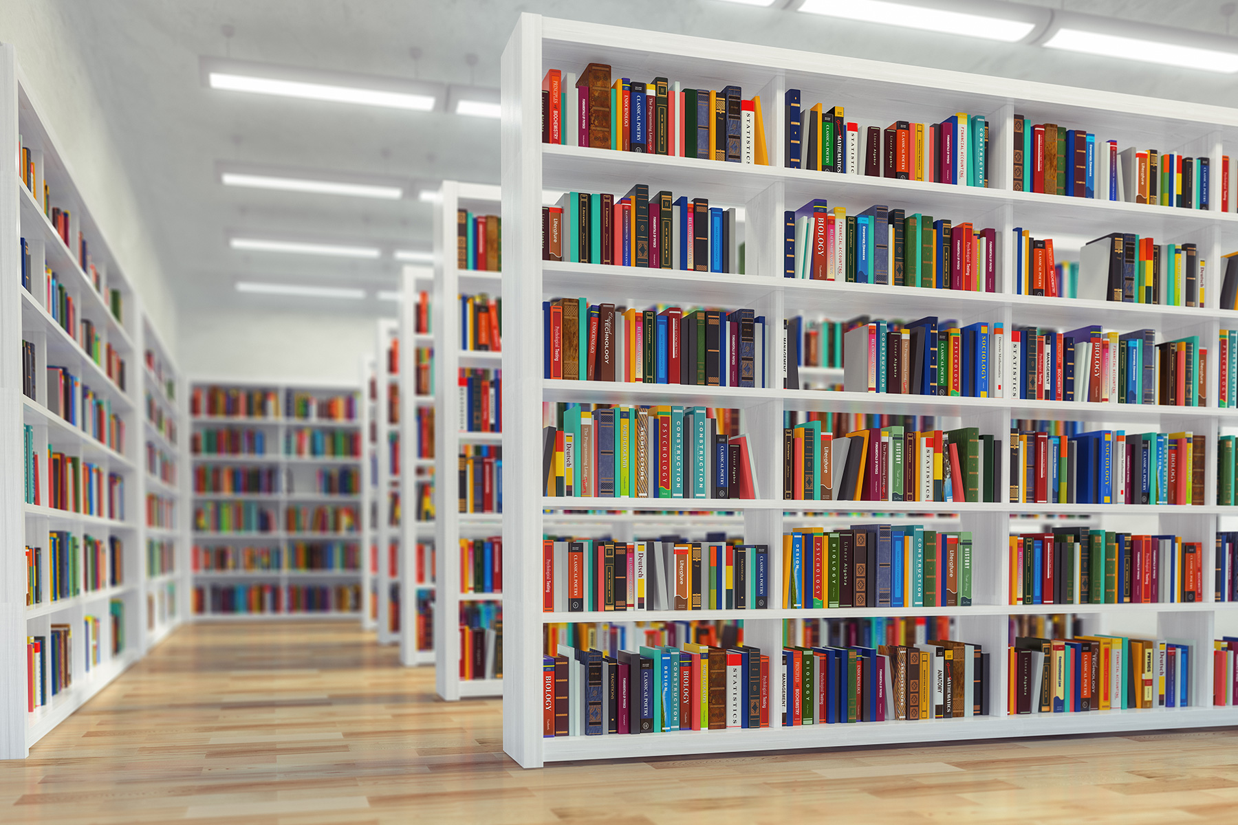 Background of white bookshelves with books and textbooks. 