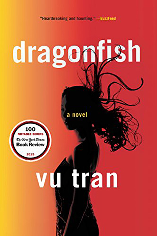 cover for novel dragonfish featuring a silhouette of a woman with hair flying behind her, such as from a gust of wind