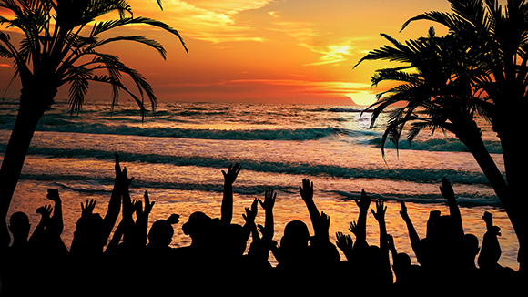 silhouette of people holding their hands up in joy in front of a sunset framed by palm trees