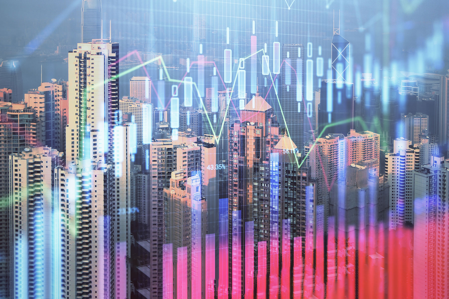 Forex chart on cityscape with skyscrapers wallpaper double exposure