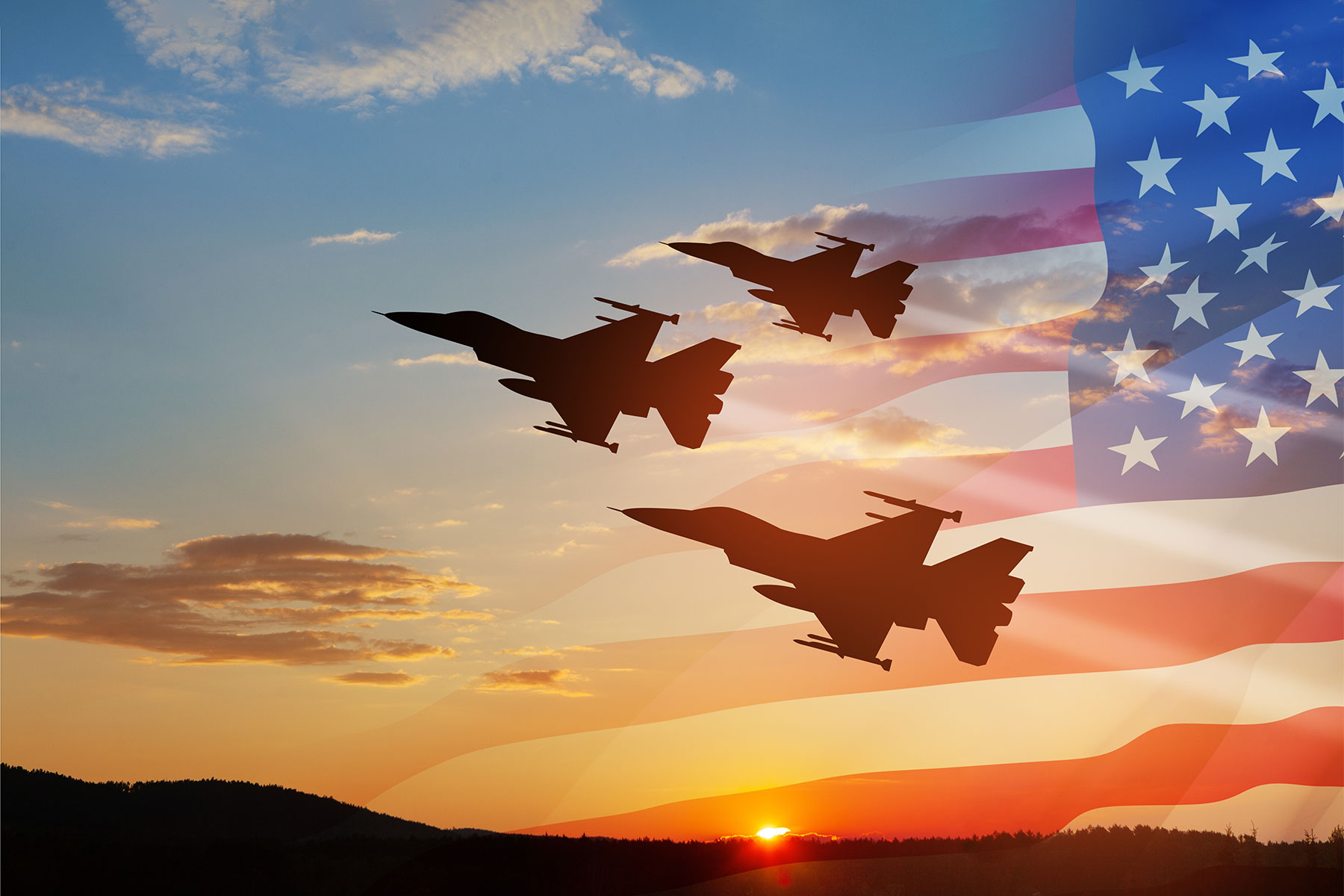 jets flying in front of a sunset, transparent american flag overlay