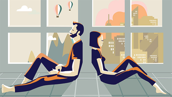 melancholy illustration of a couple sitting back to back, wall between them, in front of a window