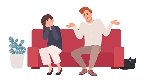 illustration of couple sitting on couch, woman head in her hands while man speaks loudly