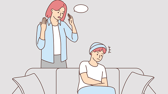 illustration of young person sitting on couch, woman behind them speaking to them emphatically