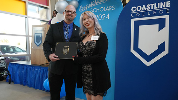 Coastline College Veterans Services Coordinator Tom Boscamp and scholarship recipient Athena Nino at the 2024 Coastline College Scholarship Recognition Ceremony