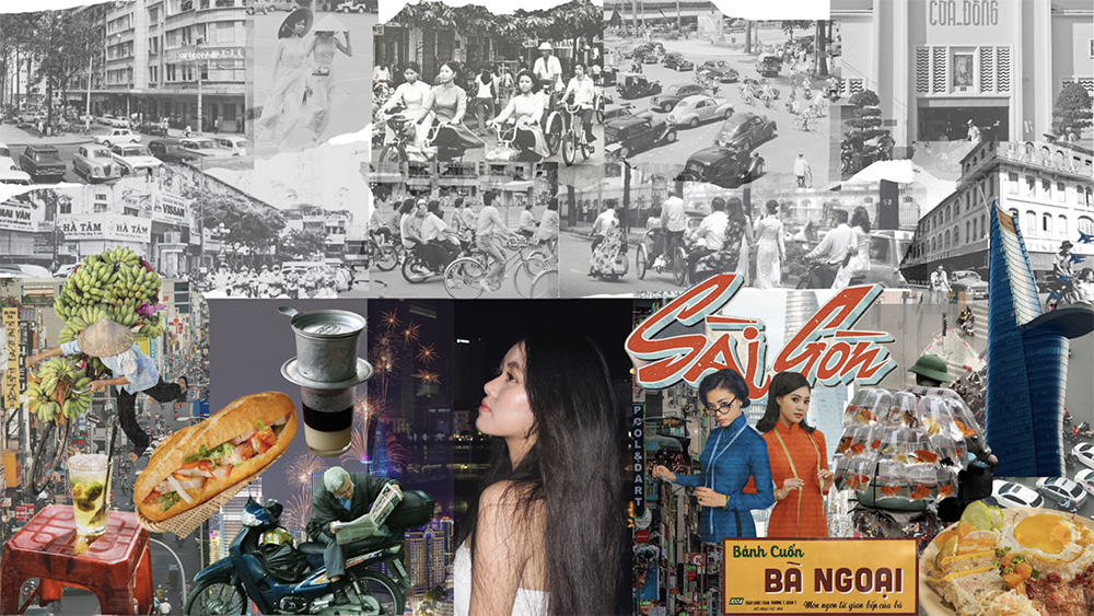 Photo montage of Sai Gon in black and white and in color, showing street traffic, people on bikes, popular foods and iconic buildings